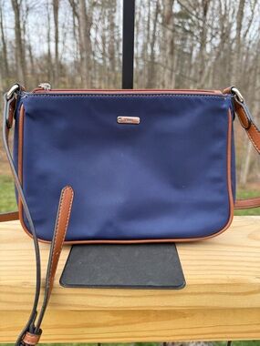 Chaps Navy Crossbody with Brown Trim and Gold Logo